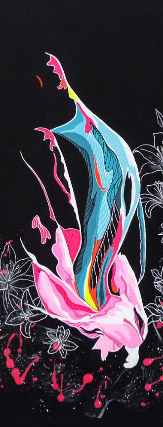 Élégance mystérieuse, collection GRATIAE : pétales roses et turquoise jaillissant parmi des lys au trait blanc sur fond noir, acrylique sur toile