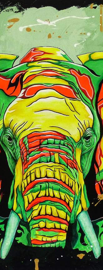 Énergie sauvage, collection ANIMALIS : éléphant de face en vert, jaune et orange, projections de peinture sur fond noir, acrylique sur toile
